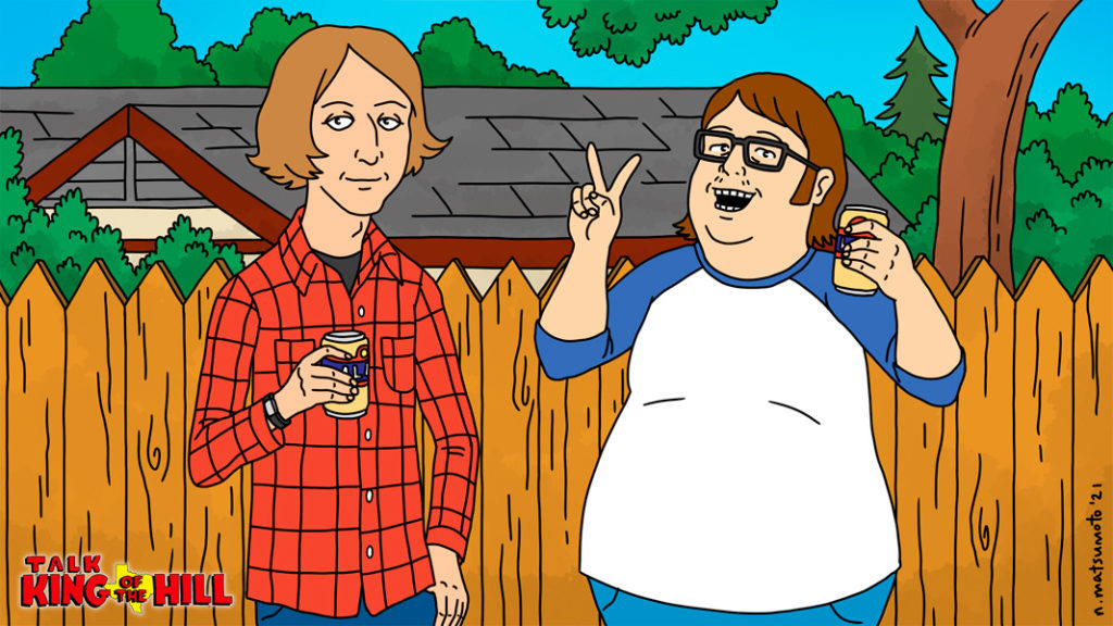 A King of the Hill-style drawing of Bob and Henry, the hosts of Talking Simpsons. They're standing in front of a fence, holding cans of beer.