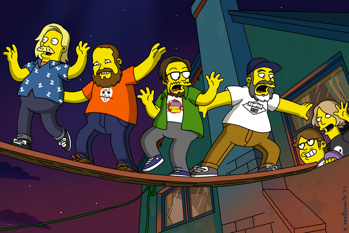 A Simpsons-style drawing depicting the four members of the We Hate Movies podcast walking across a plank leading out the window of the Simpsons family home. The hosts of Talking Simpsons look at them out the window, smiling.