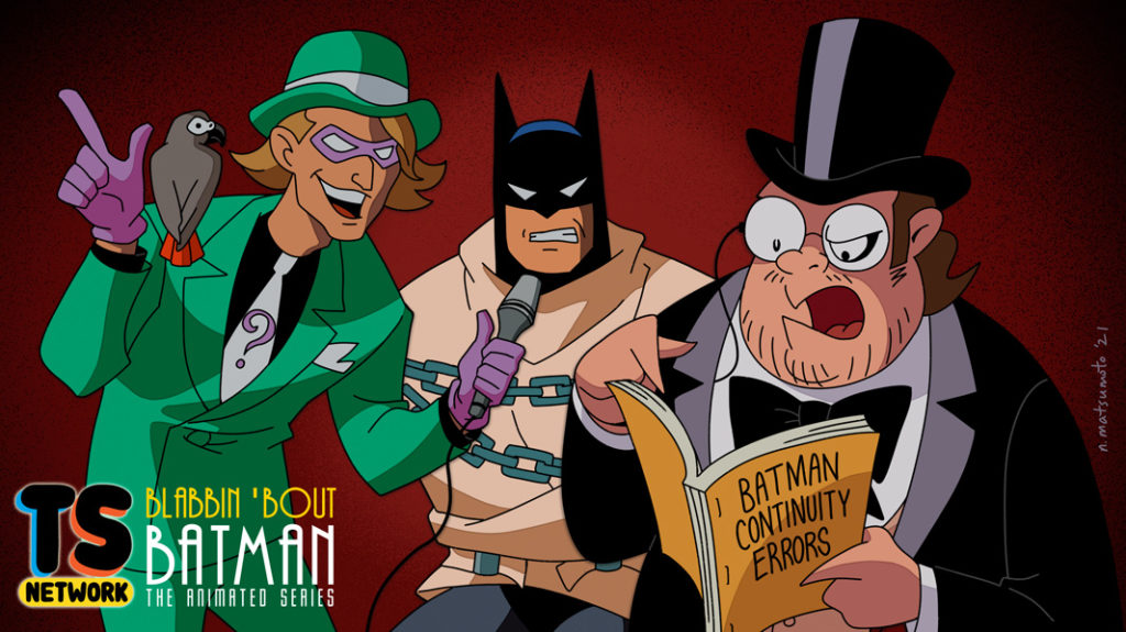 A drawing in the style of Batman: The Animated Series. Bob is dressed like The Riddler and interviewing Batman who is tied up in a straight jacket, looking annoyed; Batman is glaring at Henry, who is dressed like The Penguin and pointing at something in a thick book titled "Batman Continuity Errors."
