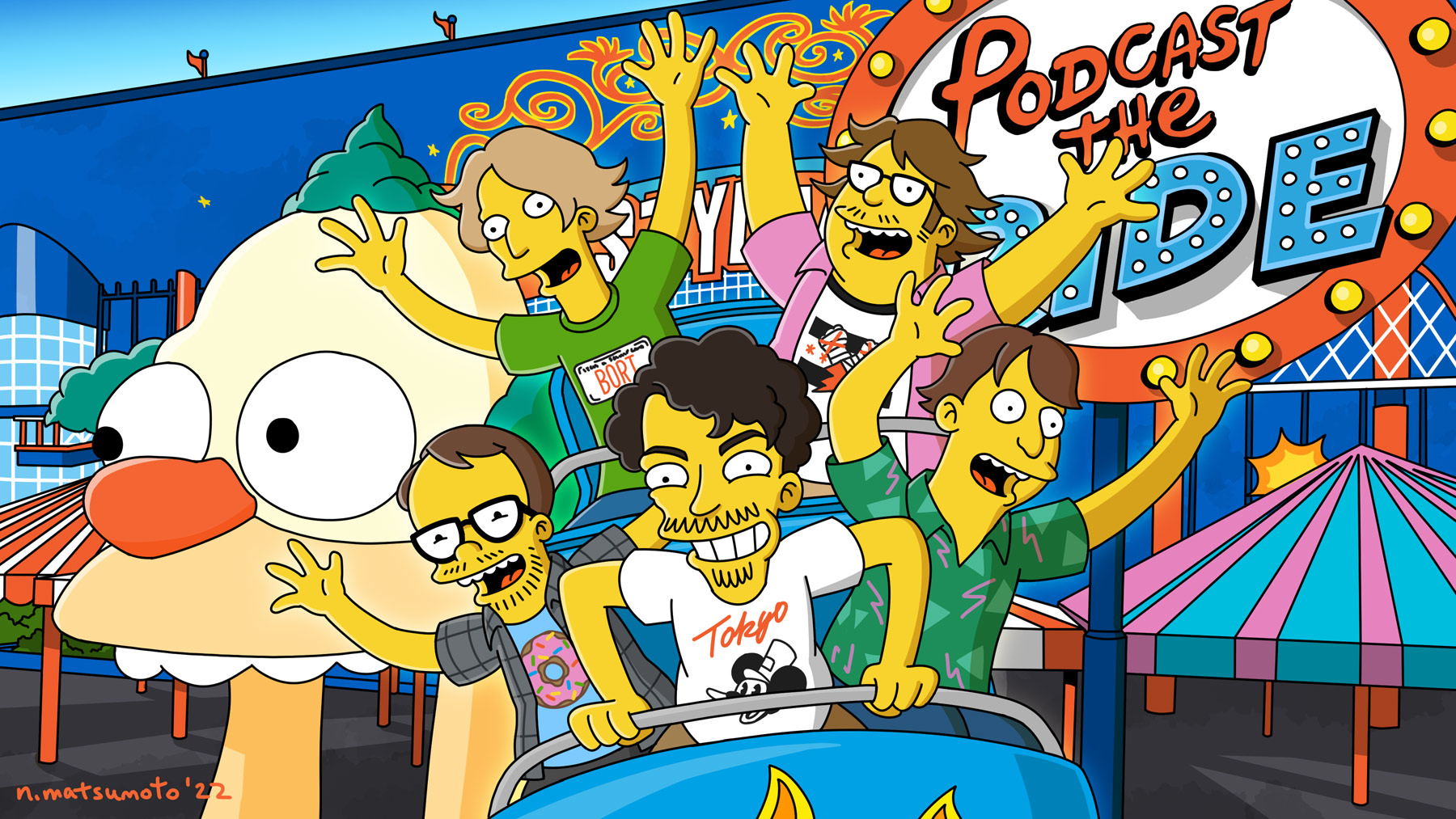 Bob, Henry, and the hosts of Podcast the Ride drawn in the Simpsons style, riding a Simpsons-themed roller coaster